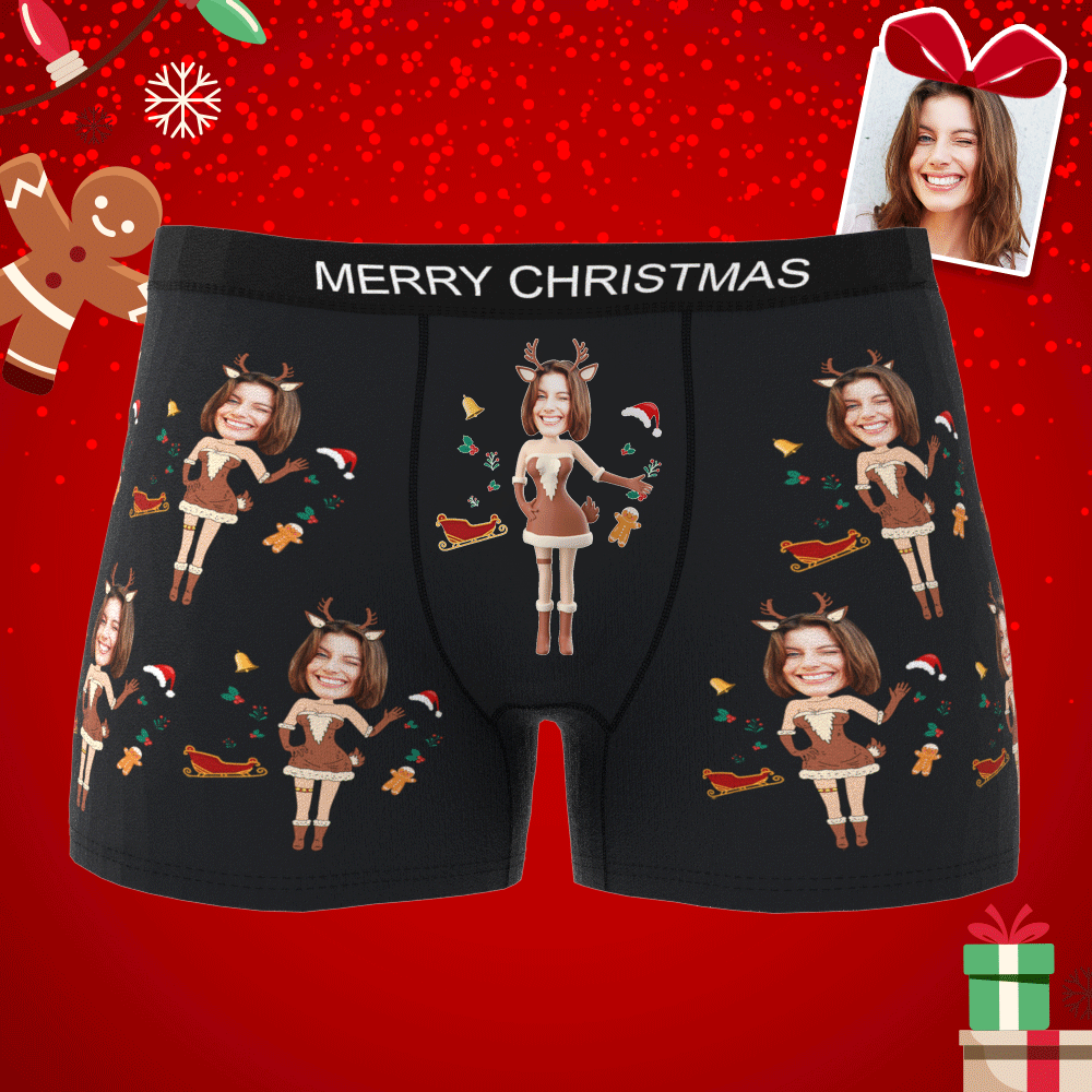 Photo Personnalisée Boxer Noël Wapiti Visage Sous-vêtements Hommes Sous-vêtements Couple Cadeaux Cadeau De Noël Vue Ar - mademinefr