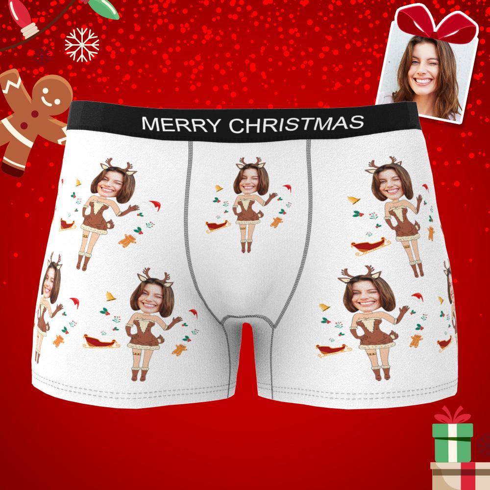 Photo Personnalisée Boxer Noël Wapiti Visage Sous-vêtements Hommes Sous-vêtements Couple Cadeaux Cadeau De Noël Vue Ar - mademinefr