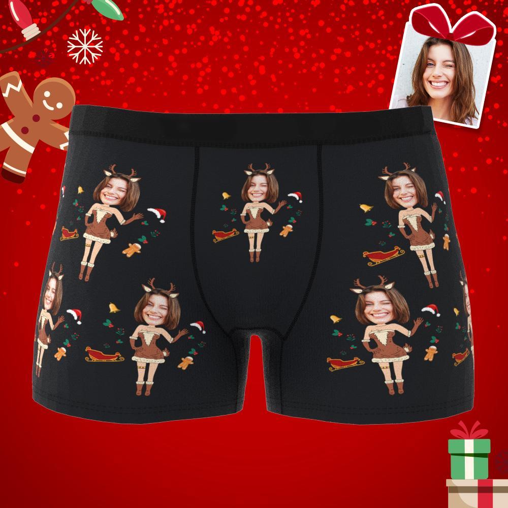 Photo Personnalisée Boxer Noël Wapiti Visage Sous-vêtements Hommes Sous-vêtements Couple Cadeaux Cadeau De Noël Vue Ar - mademinefr