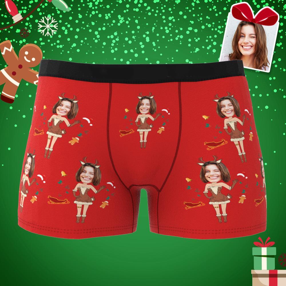 Photo Personnalisée Boxer Noël Wapiti Visage Sous-vêtements Hommes Sous-vêtements Couple Cadeaux Cadeau De Noël Vue Ar - mademinefr
