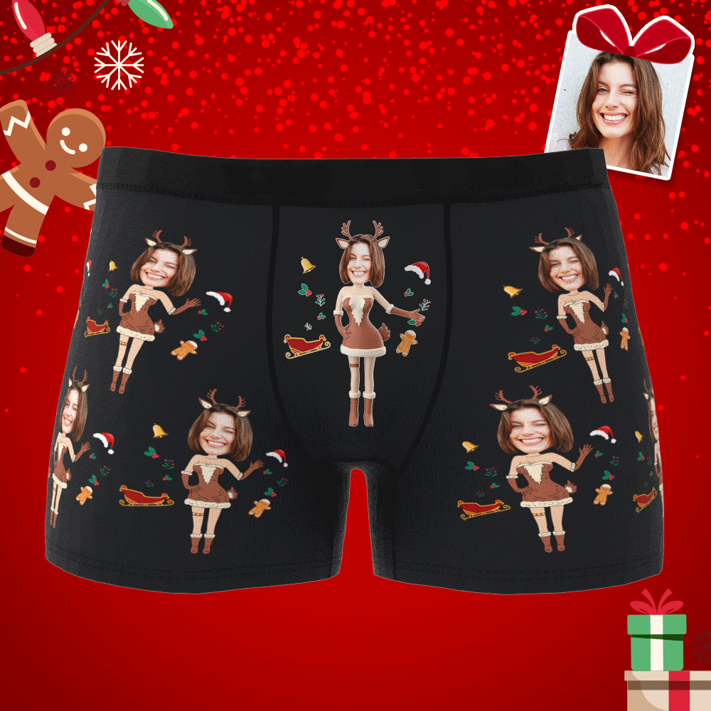 Photo Personnalisée Boxer Noël Wapiti Visage Sous-vêtements Hommes Sous-vêtements Couple Cadeaux Cadeau De Noël Vue Ar - mademinefr