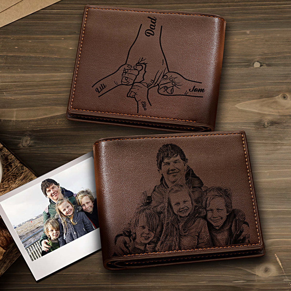 Cadeaux De Fête Des Pères Personnalisés 1-5 Enfants Noms Personnalisés Poings Portefeuille Portefeuille À Deux Volets Pour Hommes Pour Papa - mademinefr