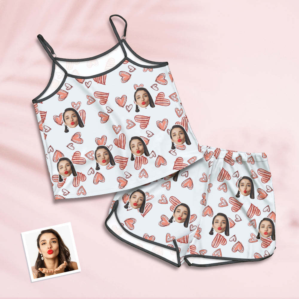 Ensemble De Vêtements De Nuit Camisole Personnalisé Pour Le Visage, Ensemble De Lingerie Personnalisé, Pyjama D'été - Cœur Rose - mademinefr