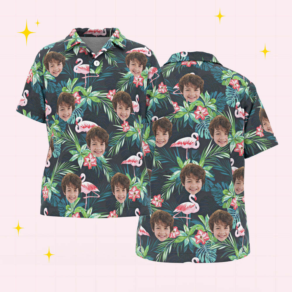 Polos Pour Enfants Avec Visage Personnalisé, Chemise De Style Hawaïen Avec Photo Personnalisée, Fleur De Flamant Rose - mademinefr