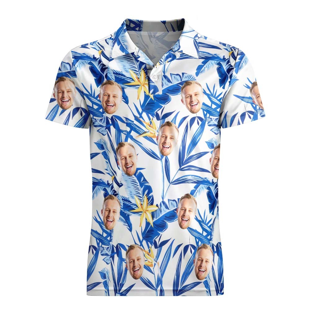 Polo Personnalisé Pour Hommes, Polo De Golf Aloha, Feuilles Bleues, Cadeau Pour Lui - mademinefr