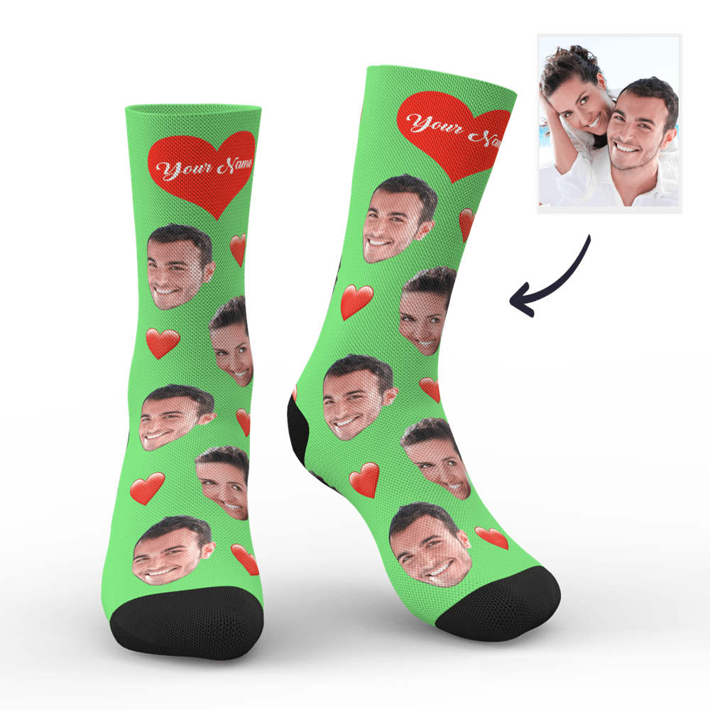 Aperçu 3d Chaussettes Personnalisées Avec Visage Et Cœur Avec Votre Texte - mademinefr