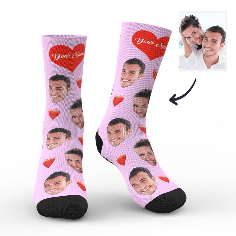 Aperçu 3d Chaussettes Personnalisées Avec Visage Et Cœur Avec Votre Texte - mademinefr