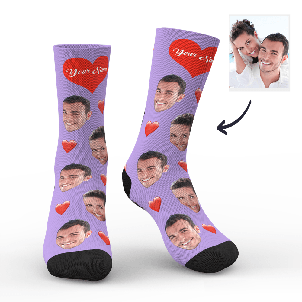 Aperçu 3d Chaussettes Personnalisées Avec Visage Et Cœur Avec Votre Texte - mademinefr