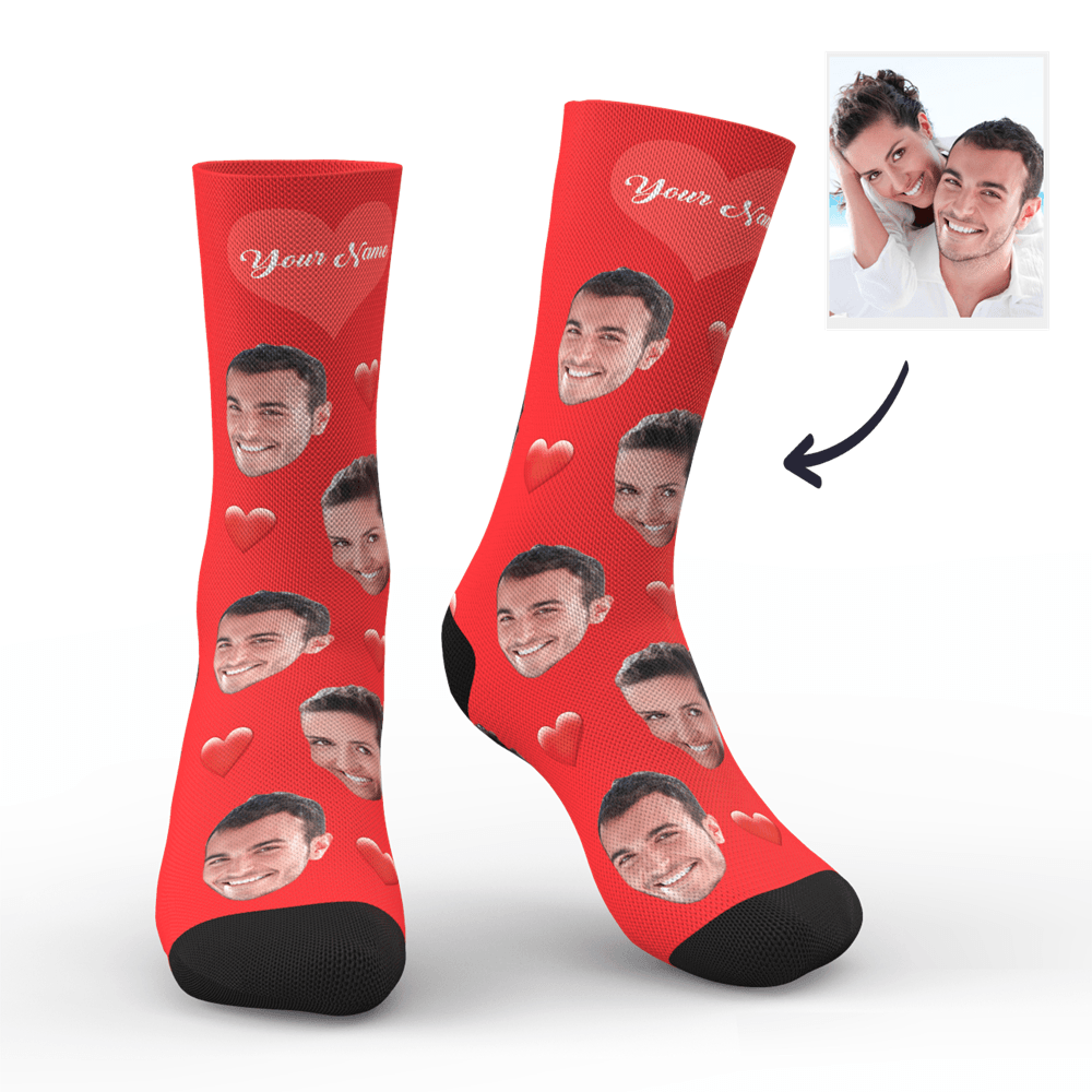 Aperçu 3d Chaussettes Personnalisées Avec Visage Et Cœur Avec Votre Texte - mademinefr