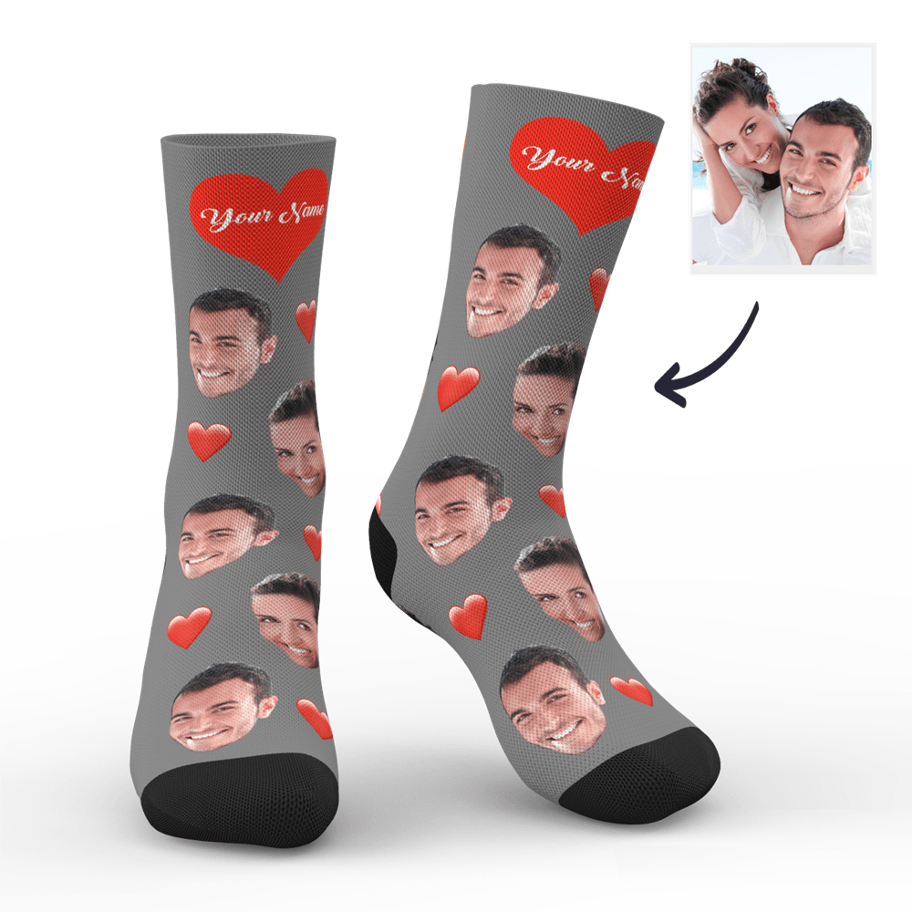 Aperçu 3d Chaussettes Personnalisées Avec Visage Et Cœur Avec Votre Texte - mademinefr