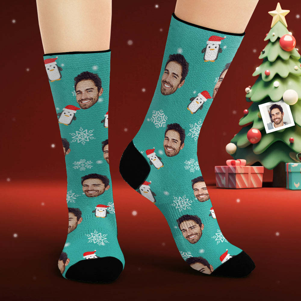 Chaussettes Visage Personnalisées Chaussettes Photo Personnalisées Pingouin De Noël - mademinefr