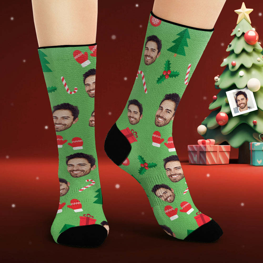 Chaussettes Visage Personnalisées Photo Personnalisée Chaussettes Vertes Bonhomme En Pain D'épices De Noël - mademinefr