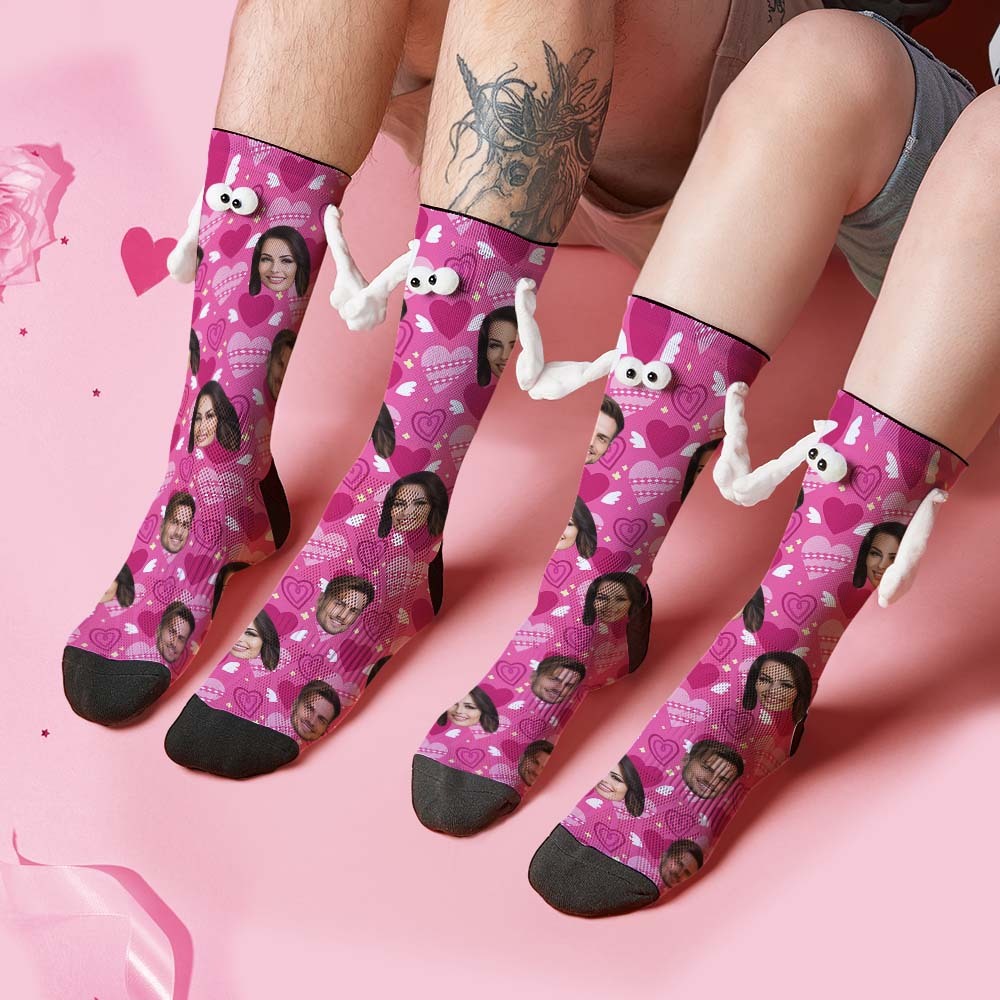Chaussettes Personnalisées Avec Visage, Poupée Drôle, Chaussettes À Mi-tube, Chaussettes Magnétiques Pour Tenir Les Mains, Cœur Rose, Cadeaux De Saint-valentin - mademinefr
