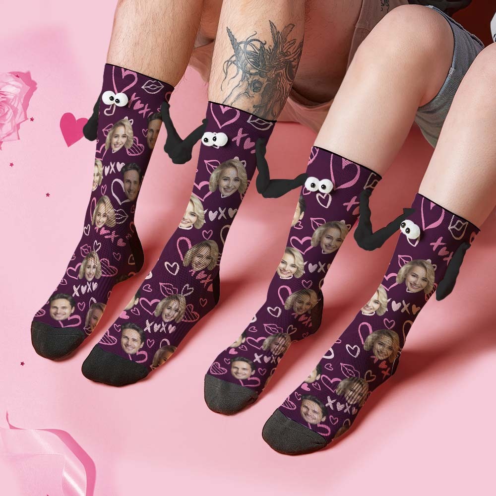 Chaussettes Personnalisées Avec Visage, Poupée Drôle, Chaussettes À Mi-tube, Chaussettes Magnétiques Tenant Les Mains, Xoxo, Cadeaux De Saint-valentin - mademinefr