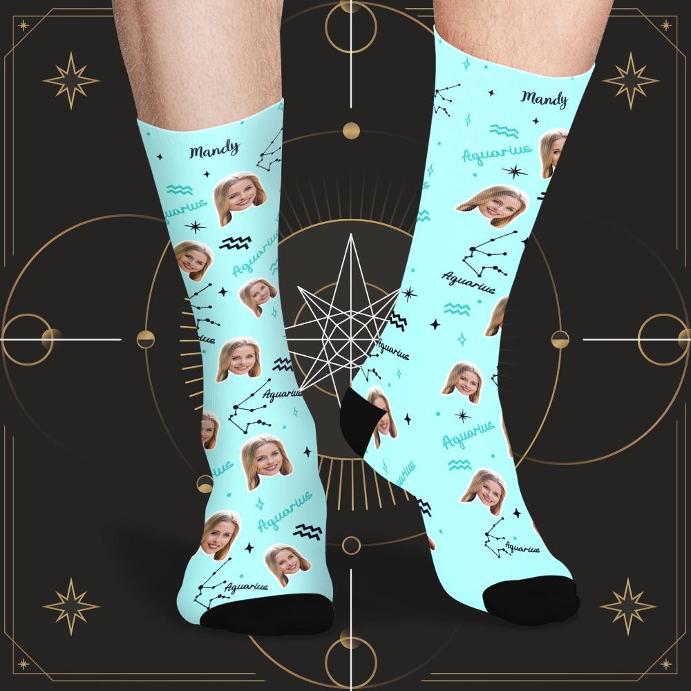 Chaussettes Porte-bonheur Verseau Personnalisées, Visage Personnalisé, Chaussettes Porte-bonheur Constellation Exclusives - mademinefr