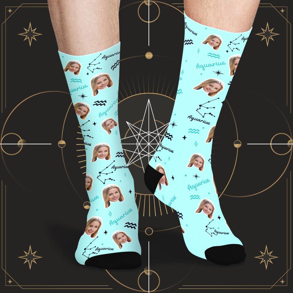 Chaussettes Porte-bonheur Verseau Personnalisées, Visage Personnalisé, Chaussettes Porte-bonheur Constellation Exclusives - mademinefr