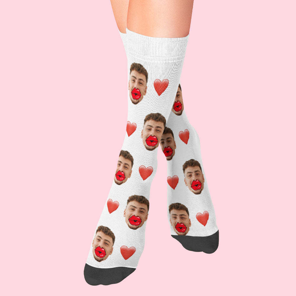 Chaussettes Visage Personnalisées Chaussettes Coeur Et Lèvres Rouges Cadeau De Saint Valentin - mademinefr