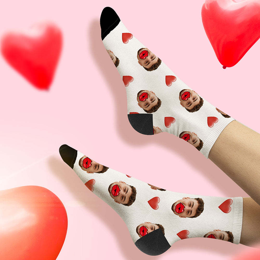 Chaussettes Visage Personnalisées Chaussettes Coeur Et Lèvres Rouges Cadeau De Saint Valentin - mademinefr