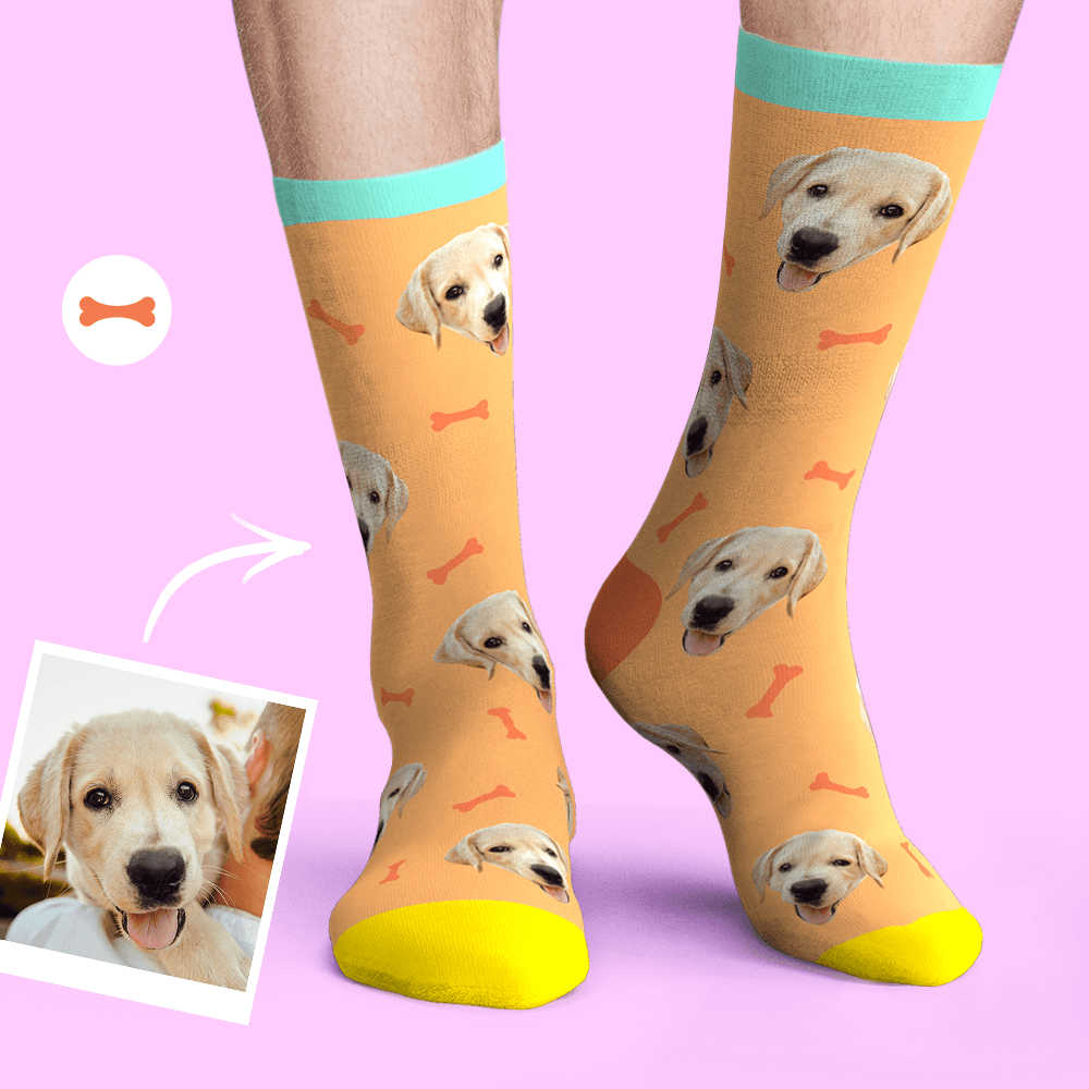 Chaussettes Visage Personnalisées Photo Chien De Compagnie - Os Et Empreinte - mademinefr