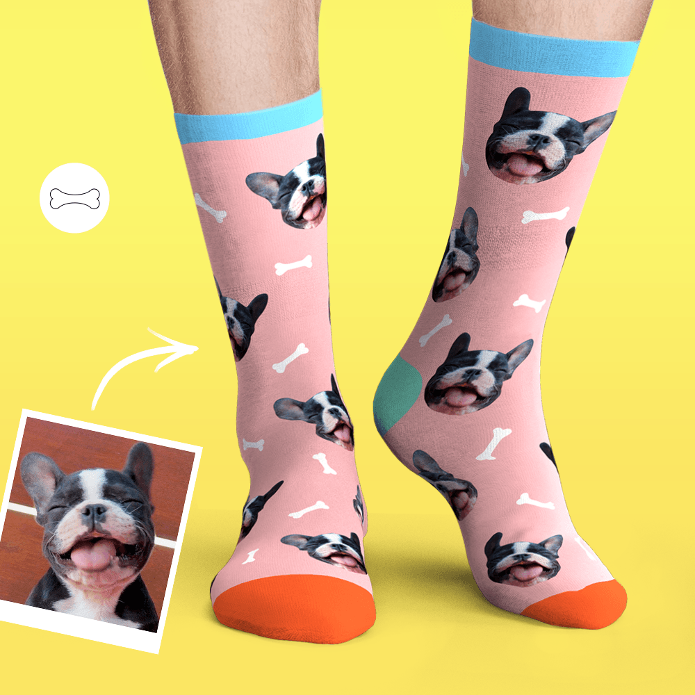 Chaussettes Visage Personnalisées Photo Chien De Compagnie - Os Et Empreinte - mademinefr