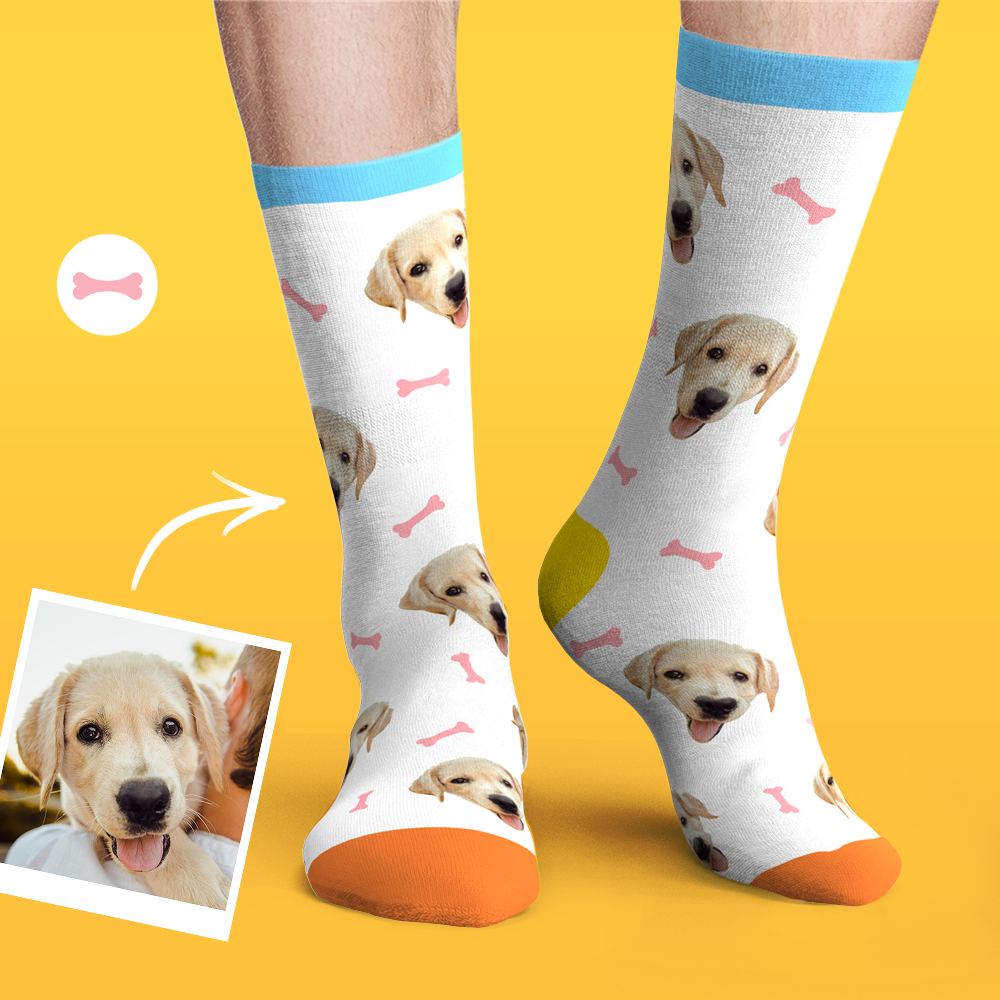 Chaussettes Visage Personnalisées Photo Chien De Compagnie - Os Et Empreinte - mademinefr