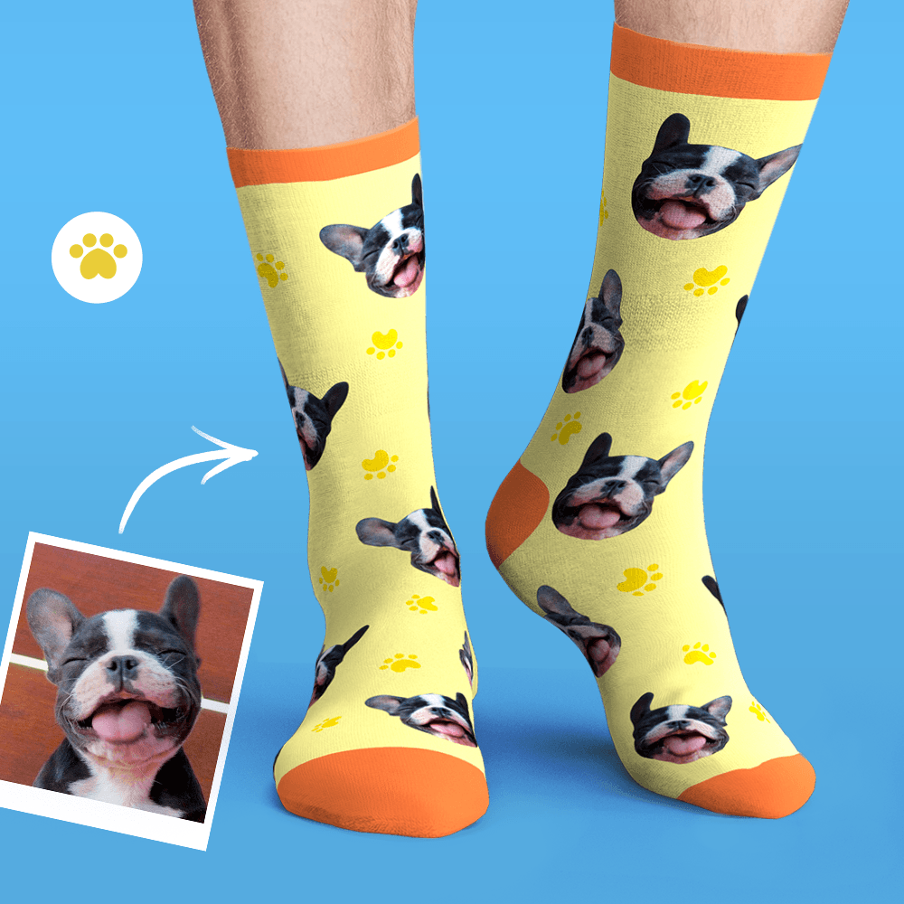 Chaussettes Visage Personnalisées Photo Chien De Compagnie - Os Et Empreinte - mademinefr