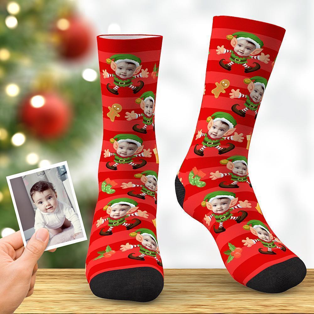 Cadeaux De Noël Personnalisés Avec Photo Chaussettes Elfes À Rayures Rouges - mademinefr
