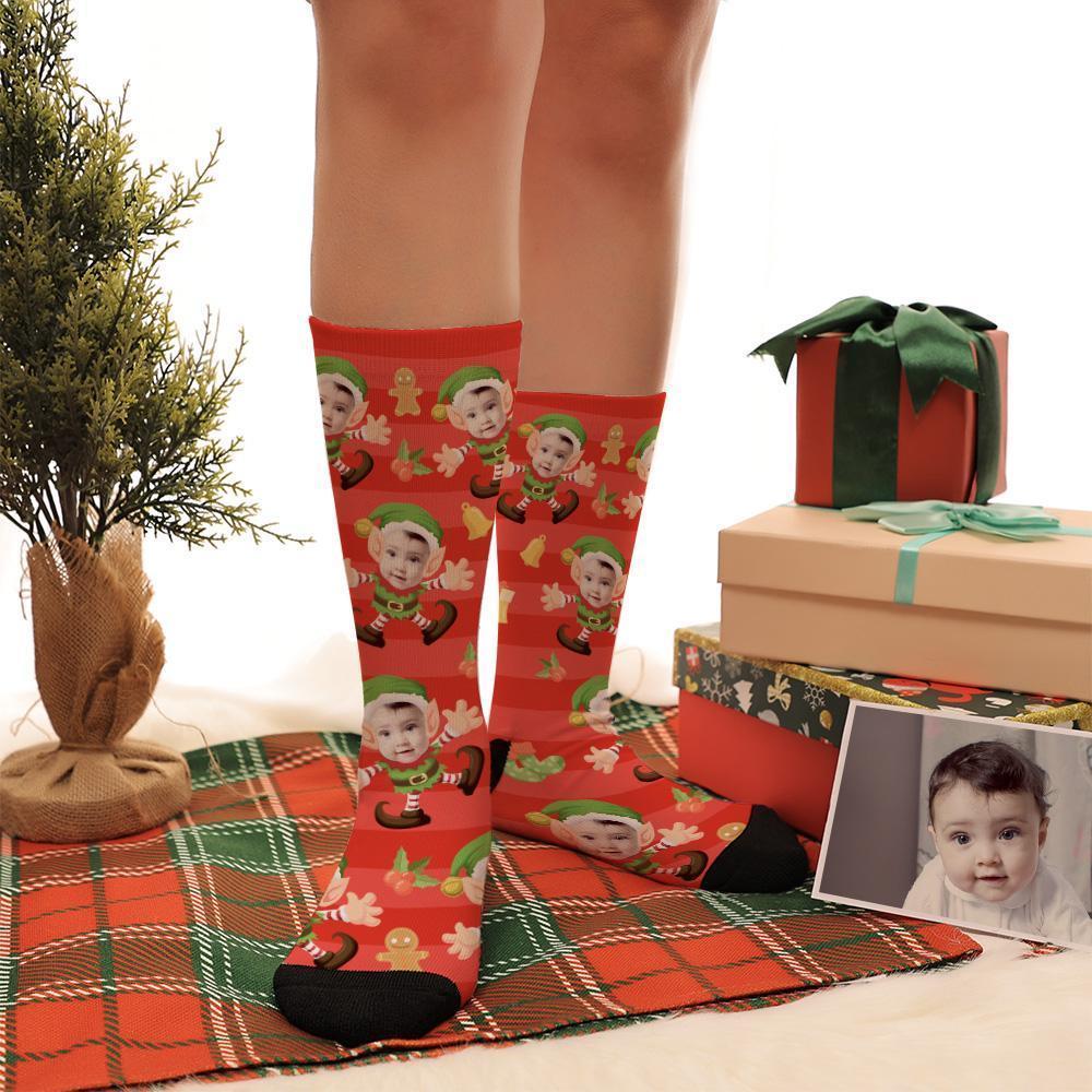 Cadeaux De Noël Personnalisés Avec Photo Chaussettes Elfes À Rayures Rouges - mademinefr