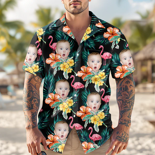 Chemise Hawaïenne Personnalisée Avec Flamant Rose, Cadeau D'été Ou Cadeau Familial