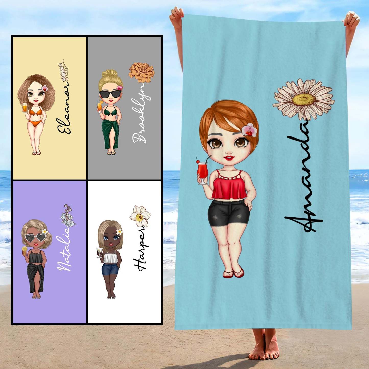 Serviette De Plage Multicolore, Dessin Animé Personnalisé, Fleur De Naissance Pour Femmes Et Filles, Nom Personnalisé, Serviette De Plage Pour Vacances, Cadeau Pour Ami - mademinefr