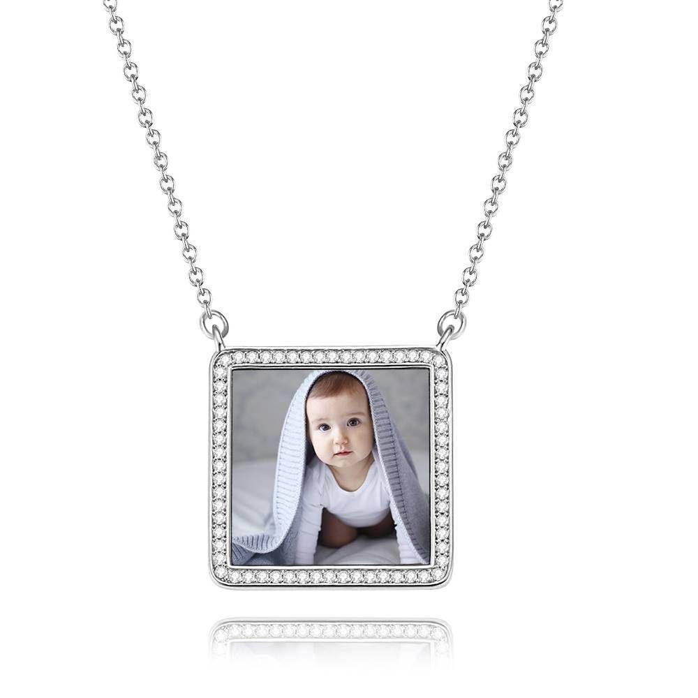 Collier Photo Gravé Strass Cristal Forme Carrée Collier Photo Argent Plaqué Platine - Coloré - mademinefr