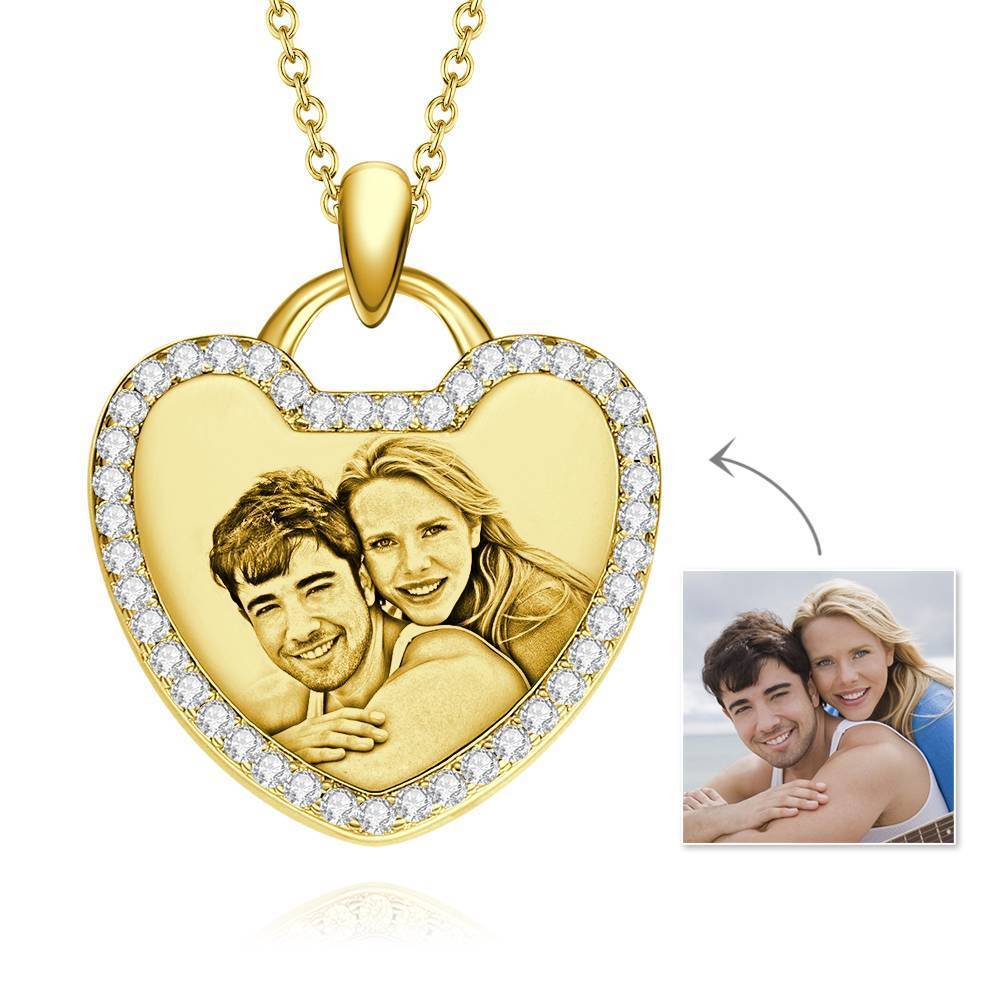 Collier Photo En Forme De Coeur Avec Cristal Strass Élégant Plaqué Or 14 Carats - Doré - mademinefr