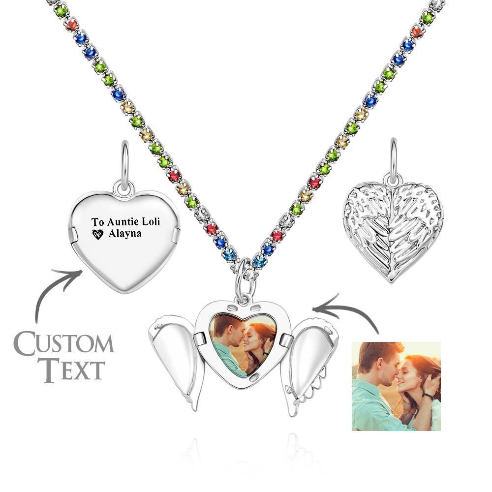 Collier Médaillon Photo Gravable, Chaîne De Tennis, Cœur Personnalisé, Ailes D'ange, Cadeau Pour Elle - mademinefr