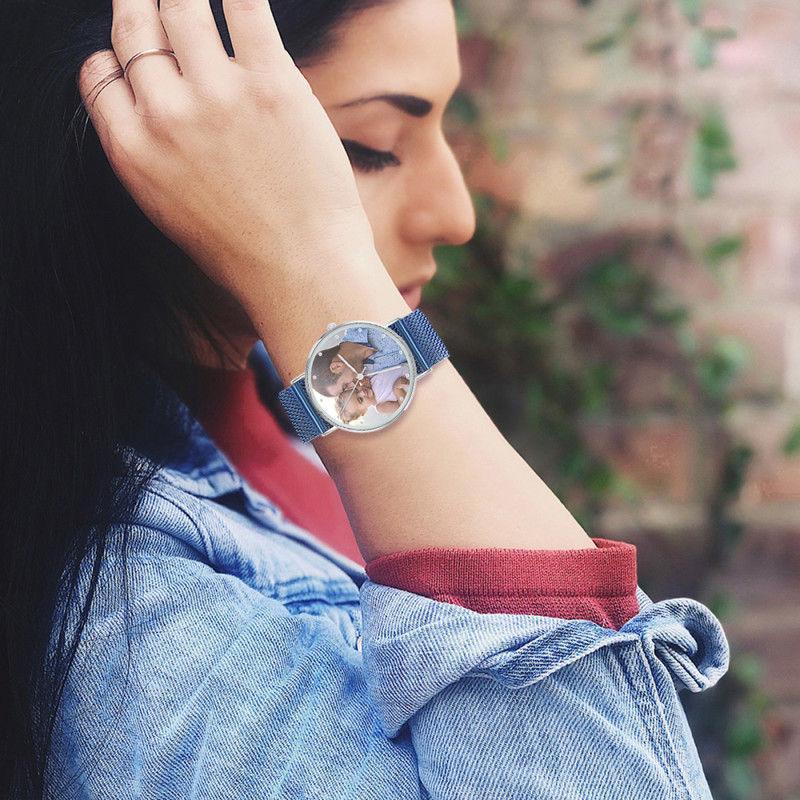 Custom Your Own  Women Photo Engraved Watch with Blue Strap 