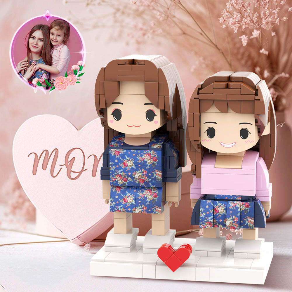 Fête Des Mères Fille Mère Jolie Robe Bleue Assortie Tête Personnalisable 2 Personnes Figurines En Brique Personnalisées Cadeau Pour Maman Pour La Fête Des Mères - mademinefr