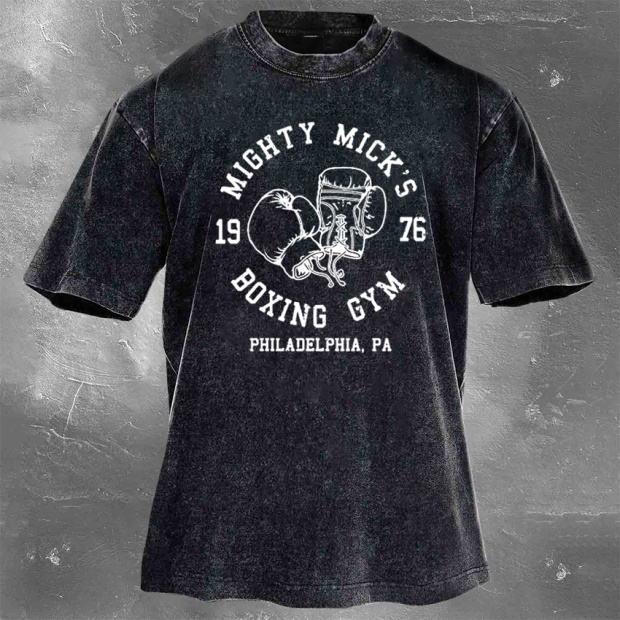 Street Fitness Boxing Print Washed Vintage Short Sleeve 05