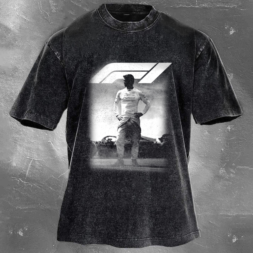 Popular Racing Movie Print Washed Retro Casual T-Shirt 06