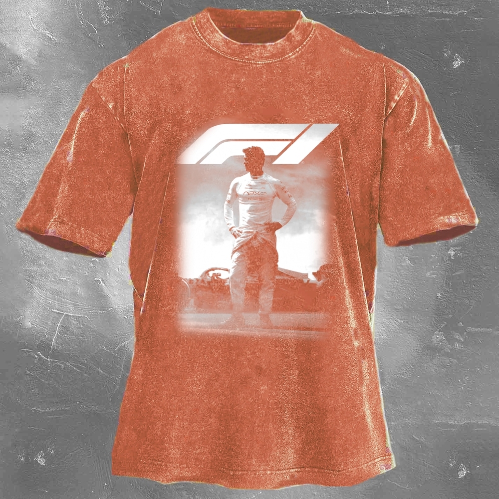 Popular Racing Movie Print Washed Retro Casual T-Shirt 06