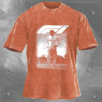 Popular Racing Movie Print Washed Retro Casual T-Shirt 06