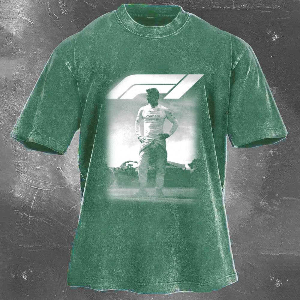 Popular Racing Movie Print Washed Retro Casual T-Shirt 06