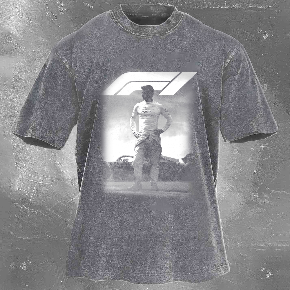 Popular Racing Movie Print Washed Retro Casual T-Shirt 06