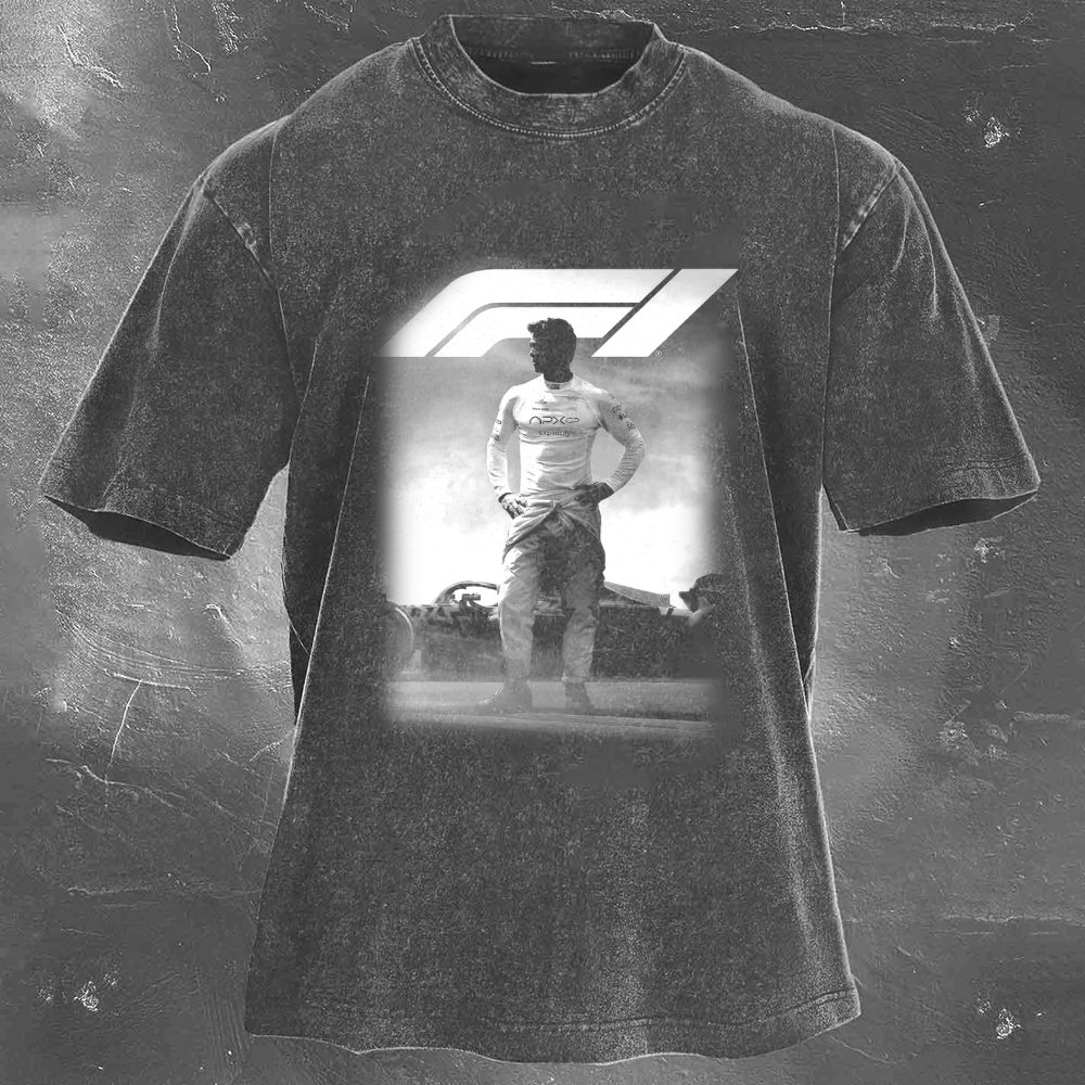 Popular Racing Movie Print Washed Retro Casual T-Shirt 06