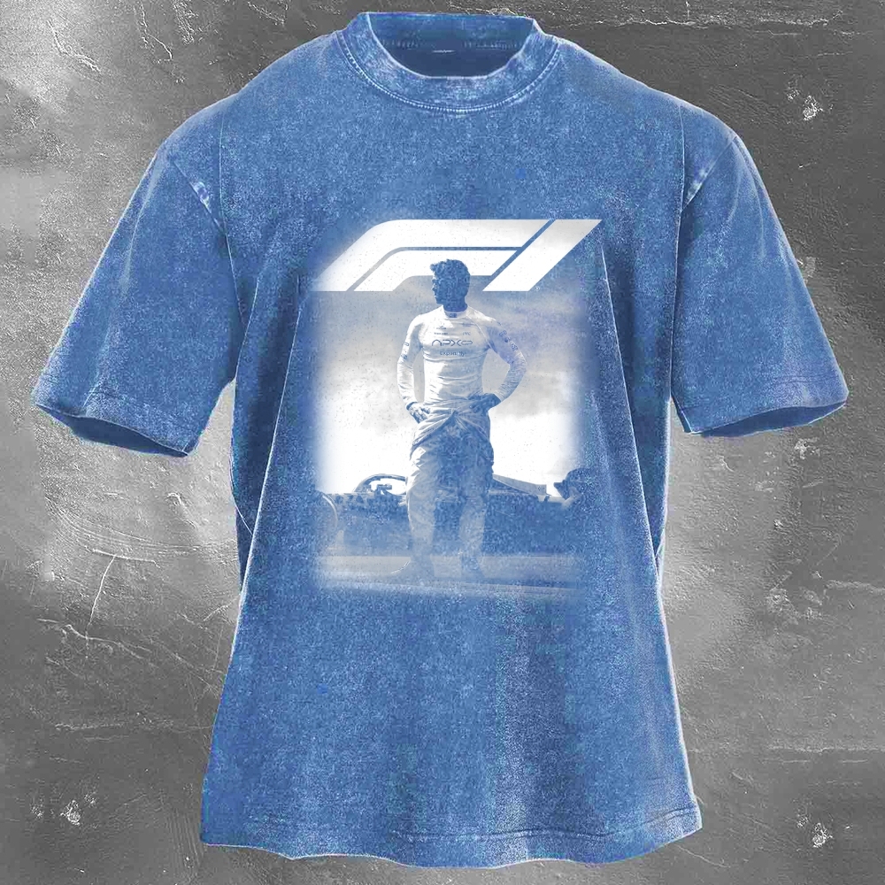 Popular Racing Movie Print Washed Retro Casual T-Shirt 06