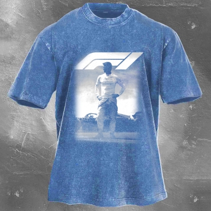 Popular Racing Movie Print Washed Retro Casual T-Shirt 06