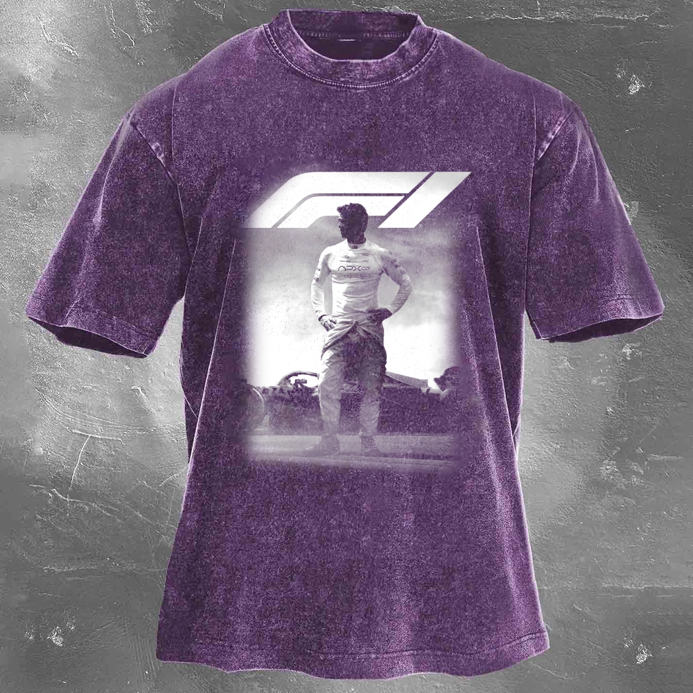 Popular Racing Movie Print Washed Retro Casual T-Shirt 06