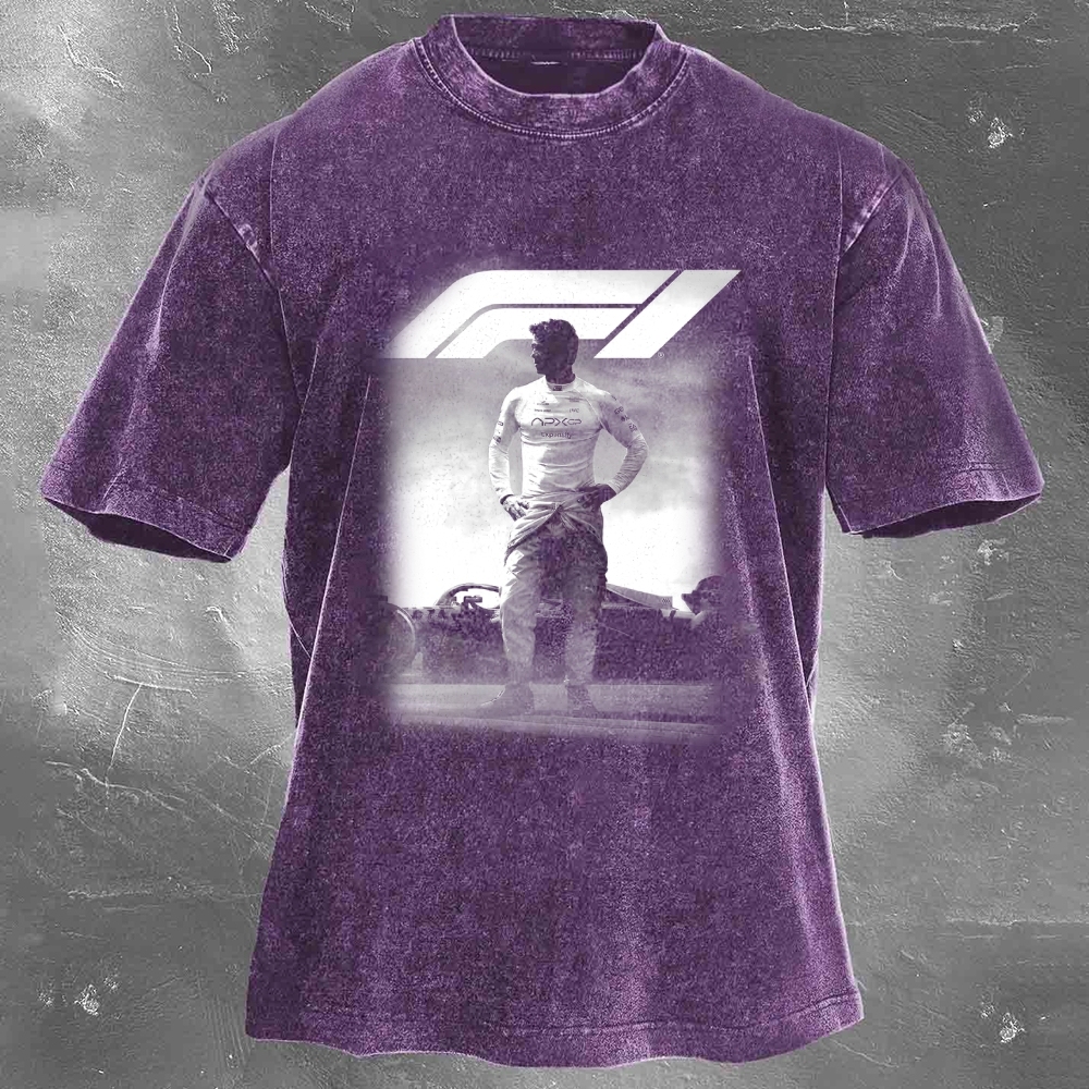 Popular Racing Movie Print Washed Retro Casual T-Shirt 06