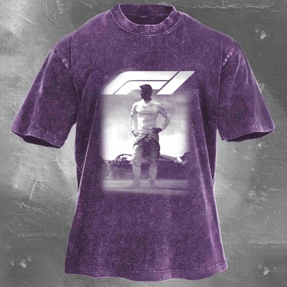 Popular Racing Movie Print Washed Retro Casual T-Shirt 06