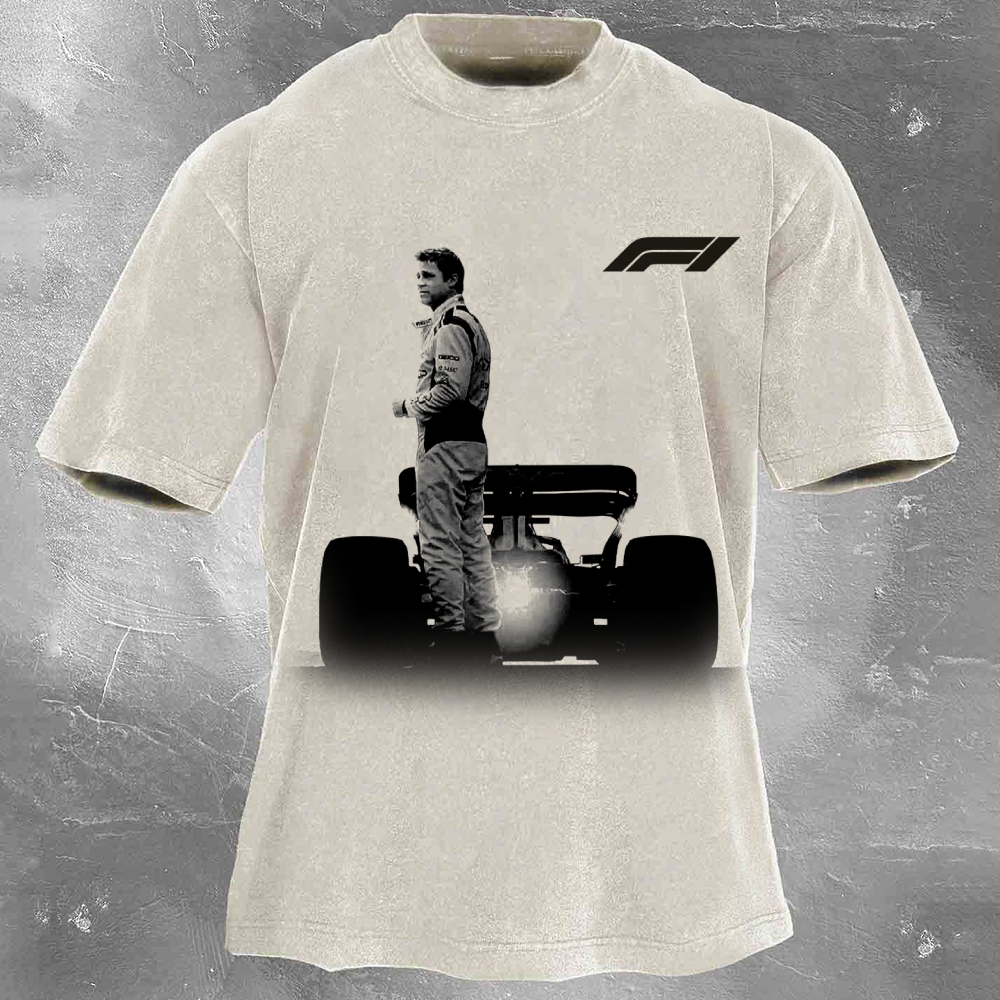 Popular Racing Movie Print Washed Retro Casual T-Shirt 05
