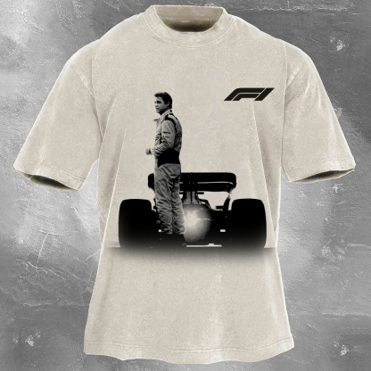 Popular Racing Movie Print Washed Retro Casual T-Shirt 05