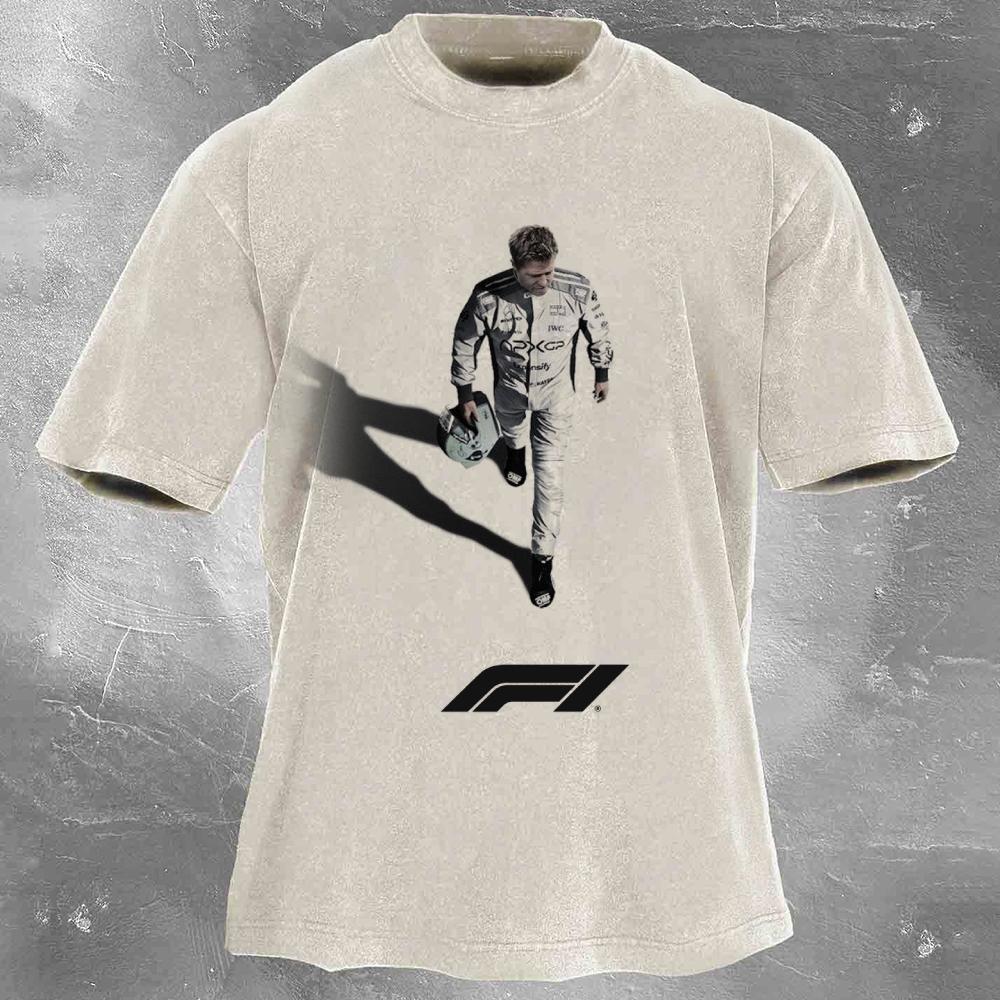 Popular Racing Movie Print Washed Retro Casual T-Shirt 04